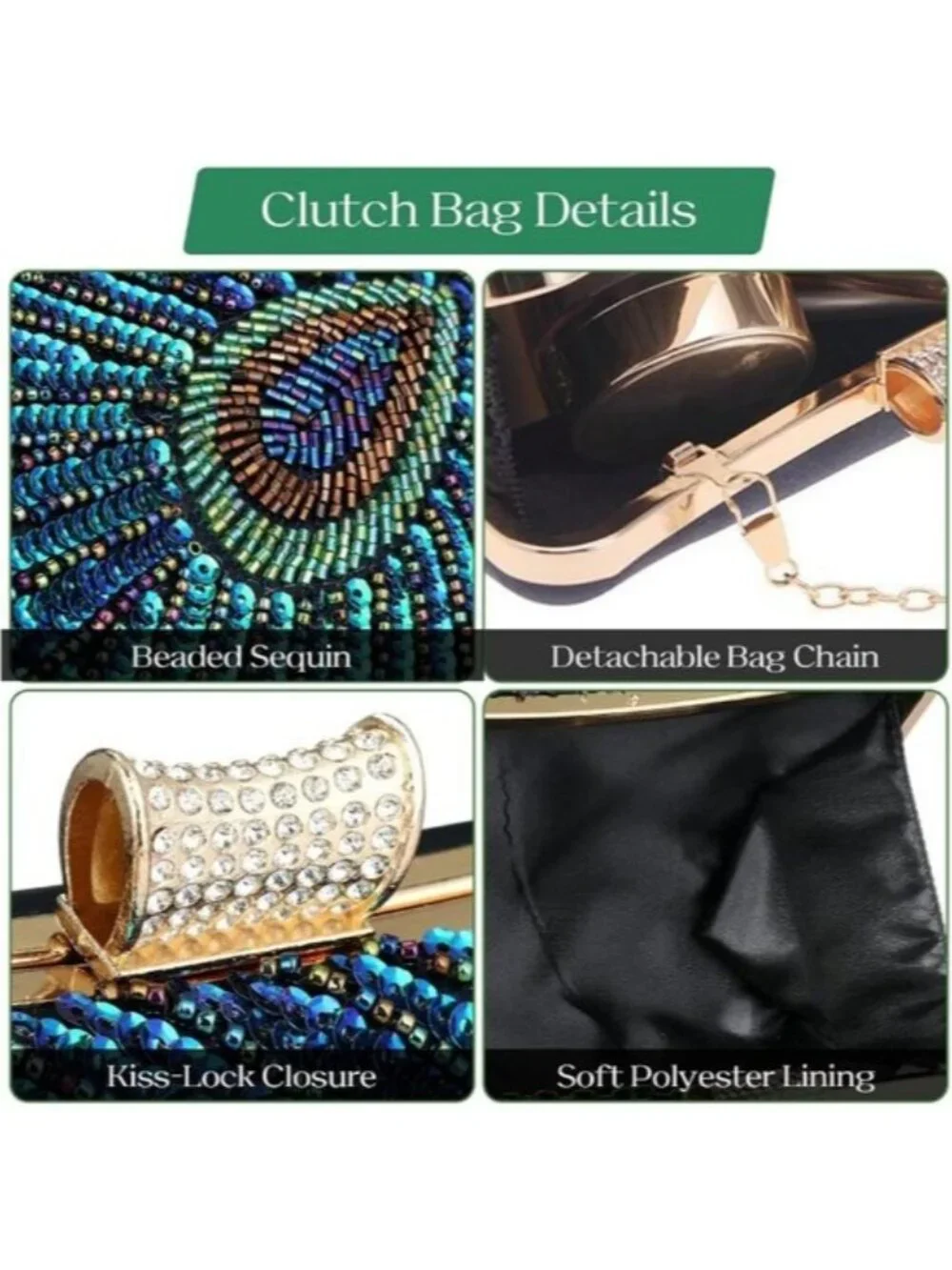 Crossbody Wedding Purse for Parties Beaded Sequin Peacock Evening Clutch